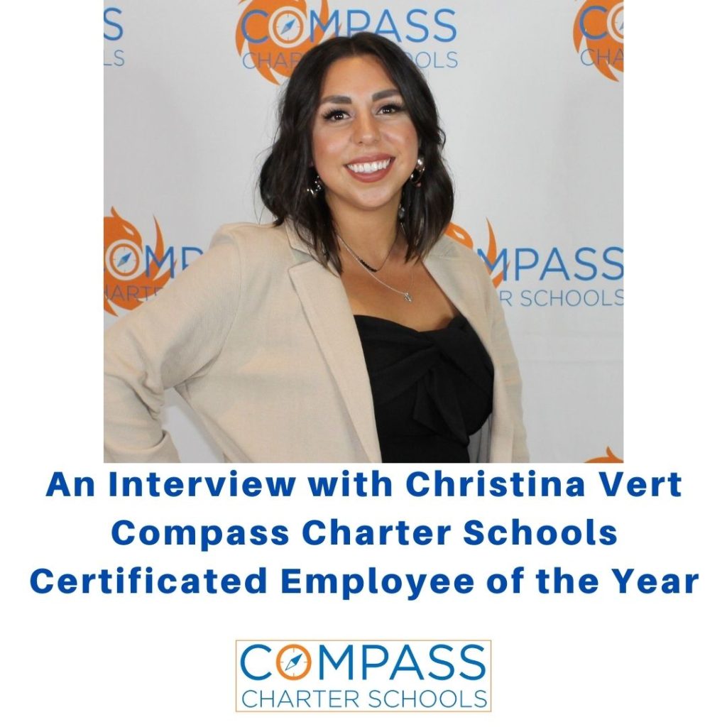 Compass Charter Schools Options Coordinator, Cristina Vert, smiles in front of a Compass logo backdrop.